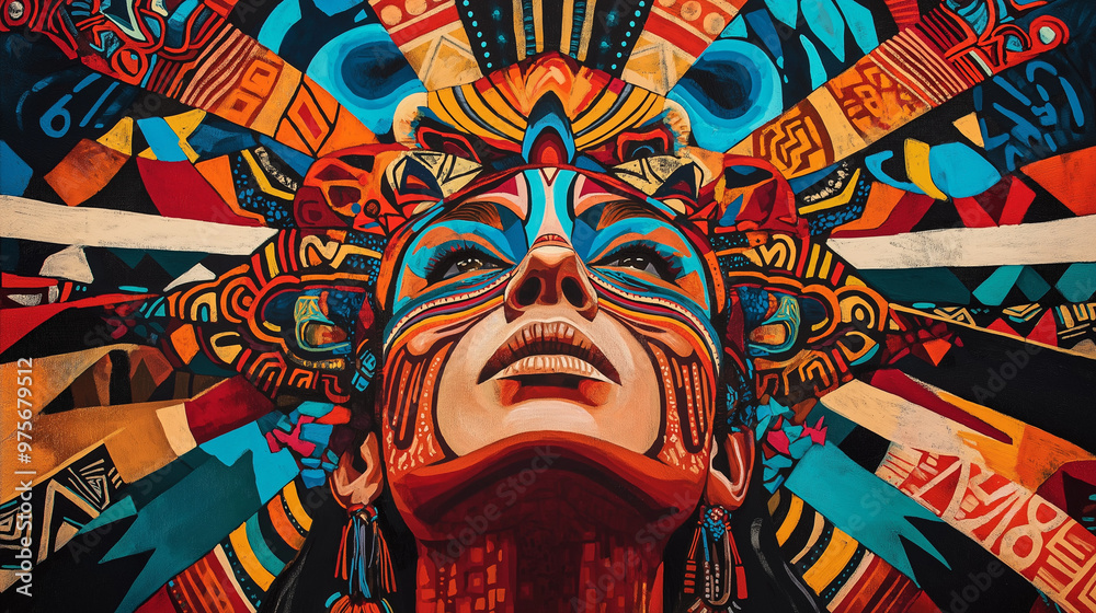 Obraz premium A vibrant and intricate artwork of a human face, seemingly in a side profile. The face is adorned with a headdress that radiates outwards in a burst of colorful geometric shapes and patterns.