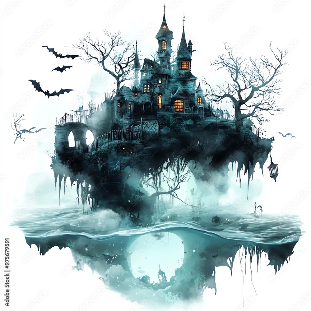 A haunted mermaid lagoon, Halloween theme, eerie and mysterious, isolated on white background A haunted mermaid lagoon, Halloween theme, eerie and mysterious, isolated on white background