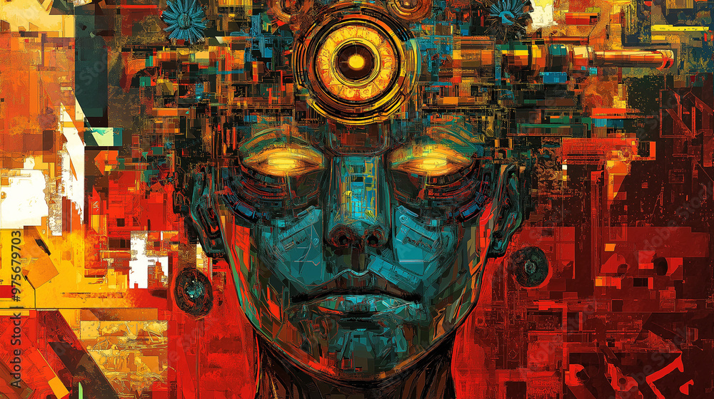 Fototapeta premium Vibrant and intricate depiction of a human face, seemingly a fusion of mechanical and organic elements. The face is adorned with a crown-like structure of gears, pipes, and other mechanical components