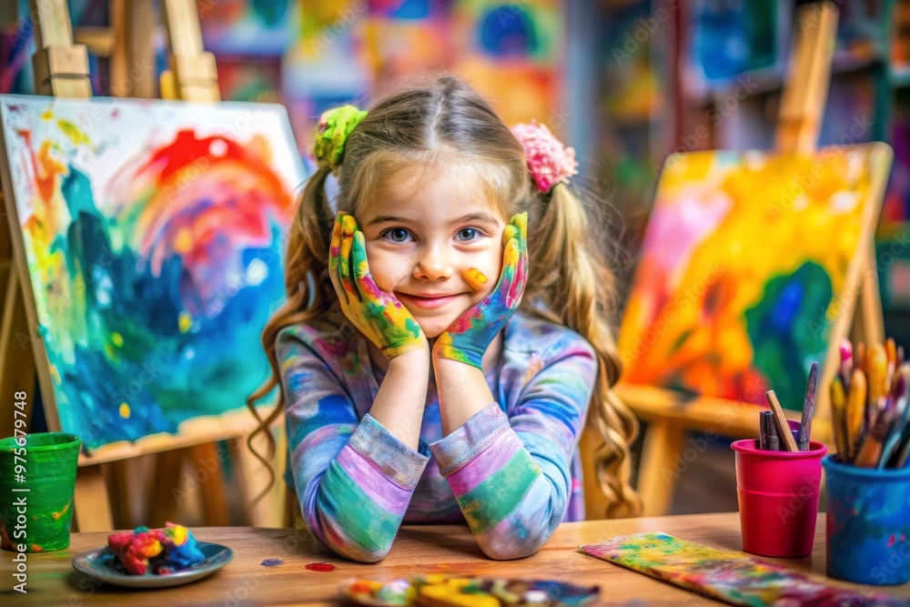 Joyful Child Painting in Colorful Art Studio with Creative Expressions Joyful Child Painting in Colorful Art Studio with Creative Expressions