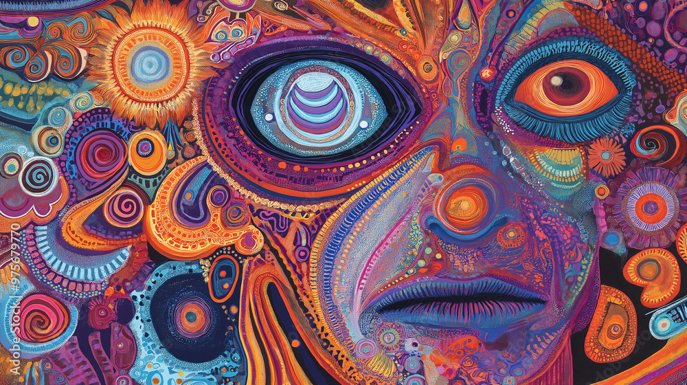 A vibrant and intricate depiction of a mask-like figure. The figure is adorned with a plethora of ornate patterns, including spirals, geometric shapes, and other decorative motifs
A vibrant and intricate depiction of a mask-like figure. The figure is adorned with a plethora of ornate patterns, including spirals, geometric shapes, and other decorative motifs