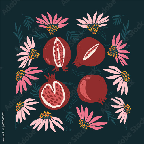 Pomegranates and coneflowers dark poster. Flowers and fruits background card. Vector flat hand drawn illustration
