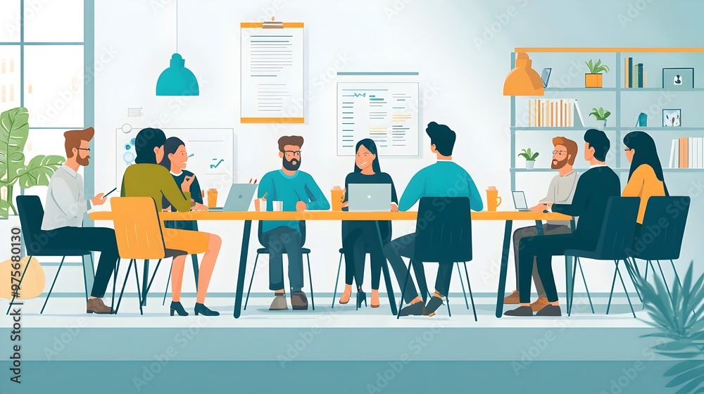 Diverse Team Collaborating and Discussing Business Goals in Modern Office Diverse Team Collaborating and Discussing Business Goals in Modern Office