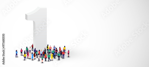 Large group of people stands around the number 1. One.