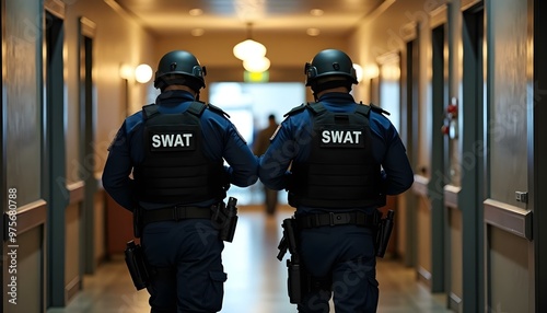 Swat team officers inside a building