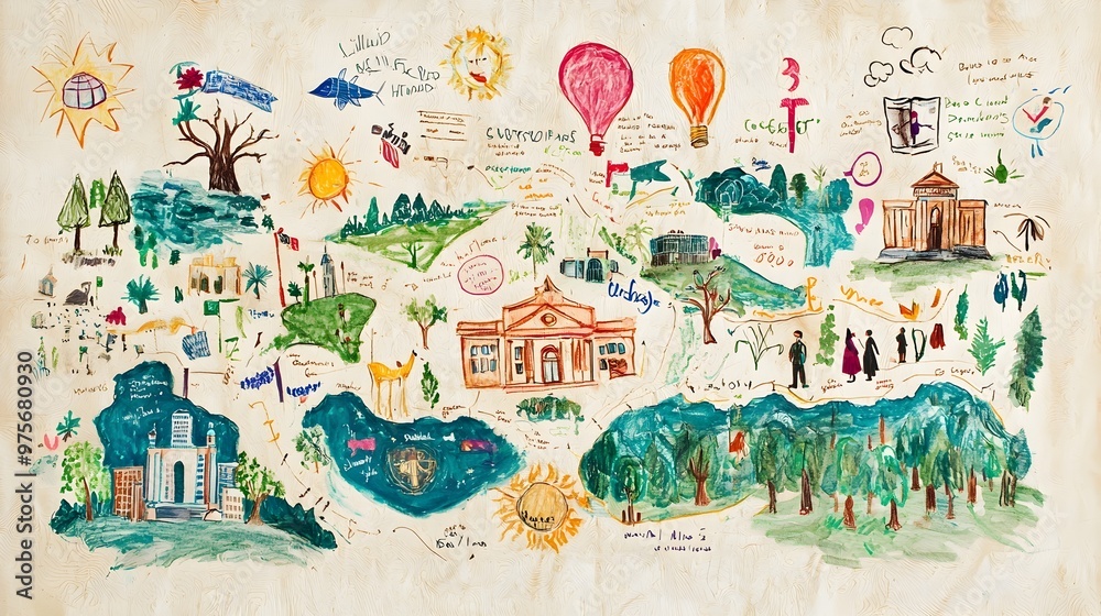 Enchanting Fantasy Map of Whimsical Illustrated Landscape with Balloons and Buildings Enchanting Fantasy Map of Whimsical Illustrated Landscape with Balloons and Buildings