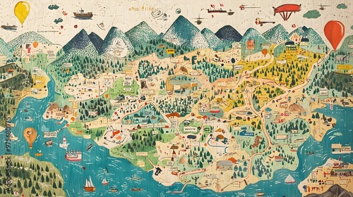 Whimsical Illustrated Map of an Adventurous Fantastical Landscape with Mountains Rivers and Unique Landmarks