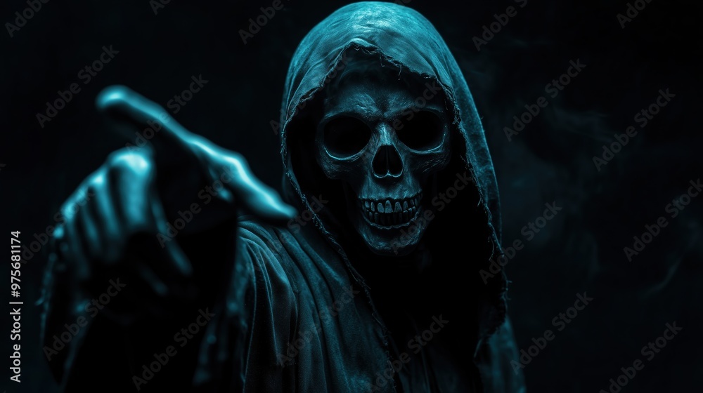 The grim reaper reaching towards the camera over black background The grim reaper reaching towards the camera over black background