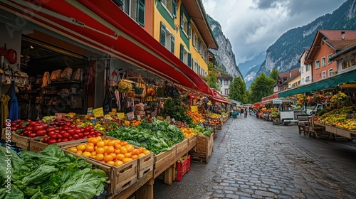 A traditional Swiss market with colorful stalls and fresh produce.