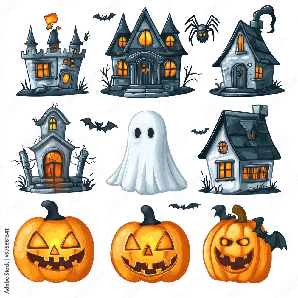 Fototapeta premium Whimsical 2D Cartoon Halloween Icons Set with Spiders, Jack-O-Lanterns, and Haunted Houses on White Background for Editing Fun