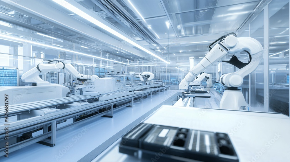 Advanced electric vehicle battery production line with robotic arms assembling lithium-ion cells. Futuristic factory interior featuring conveyor belts, technicians in suits, high-tech machine Advanced electric vehicle battery production line with robotic arms assembling lithium-ion cells. Futuristic factory interior featuring conveyor belts, technicians in suits, high-tech machine