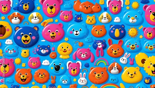 Cute and colorful cartoon animal faces with cheerful expressions, perfect for greeting cards, posters, or kids' decor. Suitable for fun and lively themes.