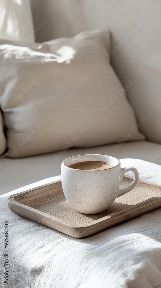Cozy afternoon coffee on a wooden tray next to a soft cushion in warm natural light Cozy afternoon coffee on a wooden tray next to a soft cushion in warm natural light