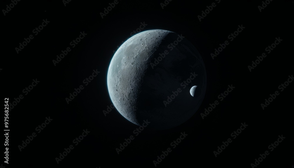 Obraz premium A stunning view of a crescent moon illuminated by distant sunlight, with a smaller celestial body in close proximity, set against the dark, expansive backdrop of space.. AI Generation