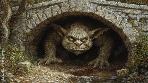 Beware the Menacing Troll Under the Stone Bridge - Fantasy Creature Watching Travelers with Gleaming Eyes