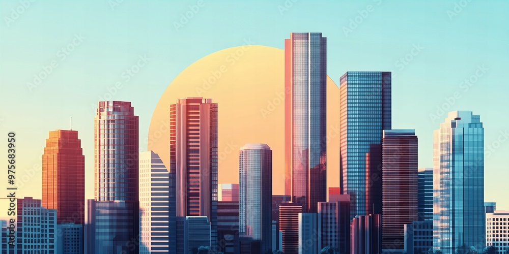 Fototapeta premium Bright modern city skyline silhouette against a radiant sky at sunrise new beautiful stock image illustration AI
