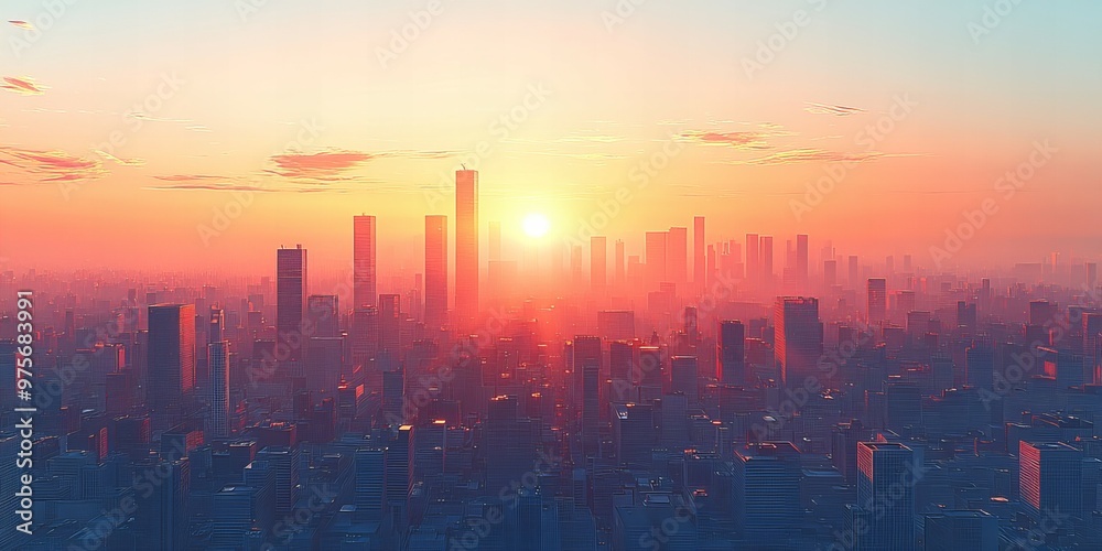 Bright modern city skyline silhouette against a radiant sky at sunrise new beautiful stock image illustration AI Bright modern city skyline silhouette against a radiant sky at sunrise new beautiful stock image illustration AI