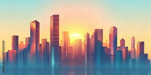 Bright modern city skyline silhouette against a radiant sky at sunrise new beautiful stock image illustration AI