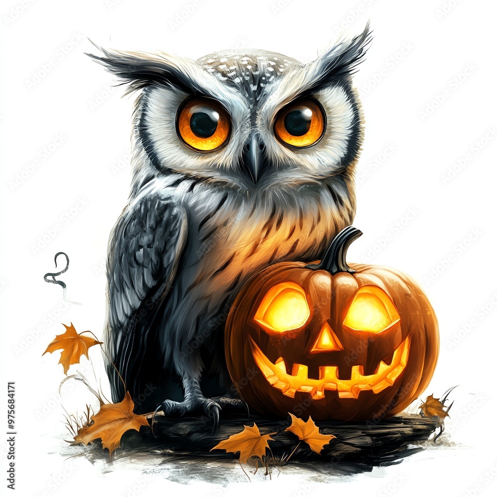 A ghost owl with a glowing jack-o'-lantern, Halloween theme, spooky and eerie, isolated on white background