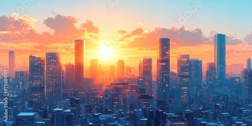 Bright modern city skyline silhouette against a radiant sky at sunrise new beautiful stock image illustration AI