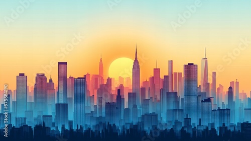 Bright modern city skyline silhouette against a radiant sky at sunrise new beautiful stock image illustration AI