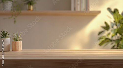 Wooden table with plant in pots on it. Horizontal mockup modern interior with blurred background