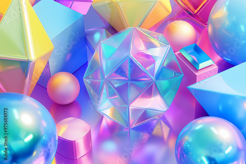 A creative 3D background featuring glossy geometric shapes in a variety of sizes and forms, such as spheres, cubes, pyramids, and abstract polygons