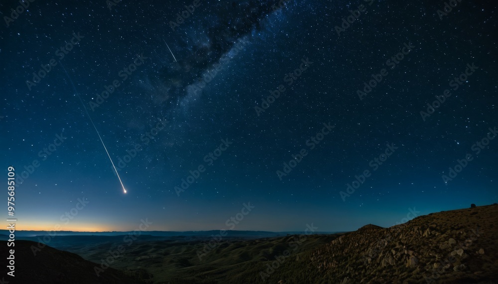 Fototapeta premium A stunning night sky showcases a bright meteor streaking across the stars, with the Milky Way's arc visible above a serene landscape. The scene captures the beauty and vastness of the universe.. AI