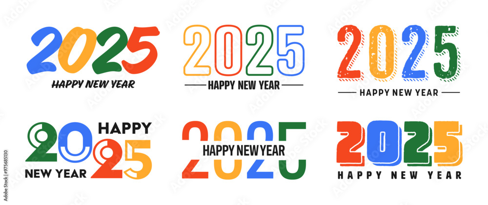 Fototapeta premium Set of 2025 Happy New Year greeting text designs. Christmas banner, poster, festive greeting card or seasonal promotion template. Collection of 2025 numbers with greetings. Vector illustration