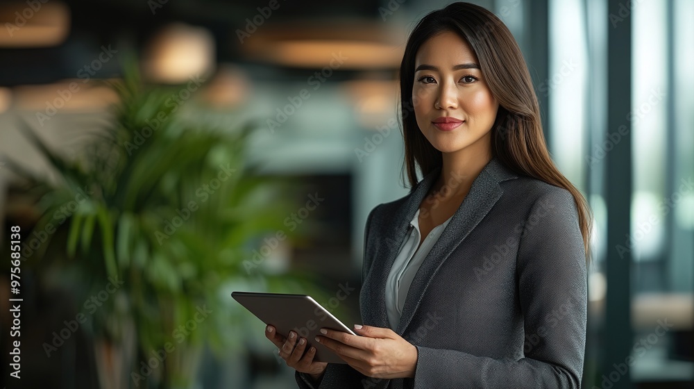 A professional HR manager, dressed in formal attire, smiling confidently while working in a modern corporate office A professional HR manager, dressed in formal attire, smiling confidently while working in a modern corporate office