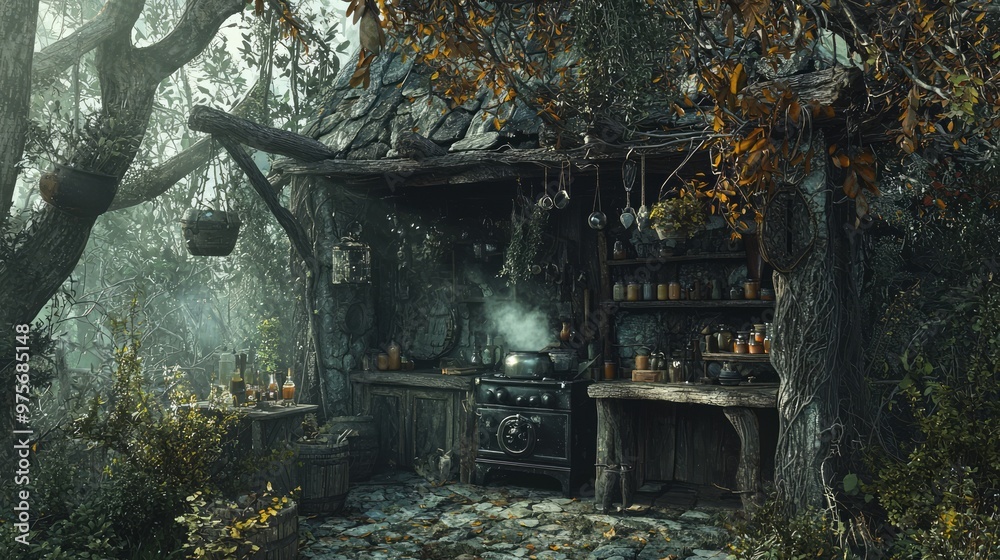Enchanting Witch's Hut in the Deep Woods with Bubbling Potions and Hanging Herbs Enchanting Witch's Hut in the Deep Woods with Bubbling Potions and Hanging Herbs