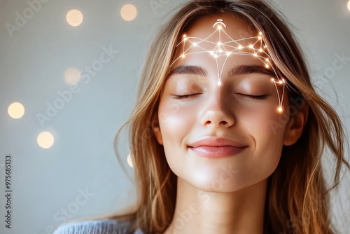 Serene portrait of a woman with glowing neural pathways around her head evoking a sense of peace mindfulness and the flow of mental energy in a warm meditative setting