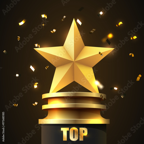 Award round podium with golden star on dark background. Vector golden symbol of victory, achievement, success, rewarding of winner.
