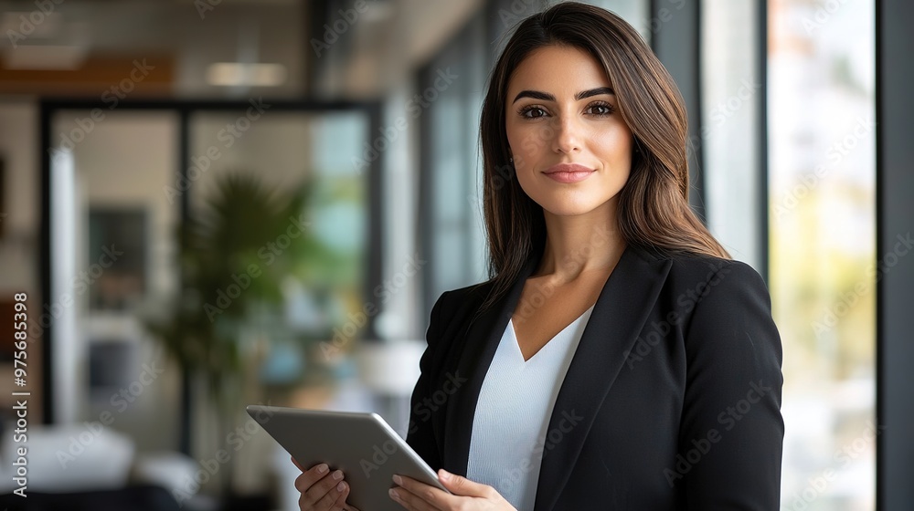 A professional HR manager, dressed in formal attire, smiling confidently while working in a modern corporate office