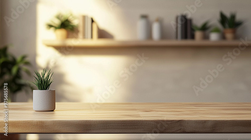 Wallpaper Mural Wooden table with home plant in pot. Horizontal mock up modern interior, blurred background Torontodigital.ca