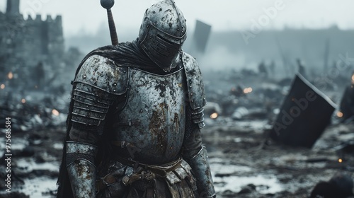 Valor Amidst Chaos: Defiant Knight in Tarnished Armor on Desolate Warfield photo