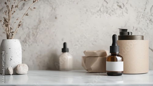 Organic beauty products in eco-friendly packaging, arranged on a white marble countertop, offering a clean and elegant display with ample space for text.