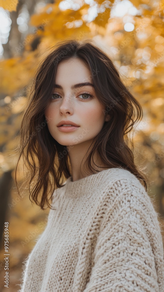 Young woman in a cozy sweater poses amidst autumn foliage during golden hour Young woman in a cozy sweater poses amidst autumn foliage during golden hour
