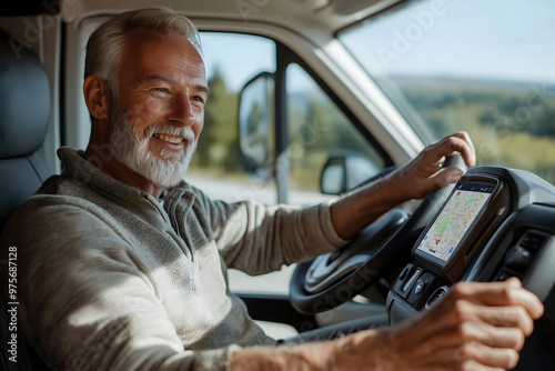 Older Man Using GPS Navigation in Camper Van