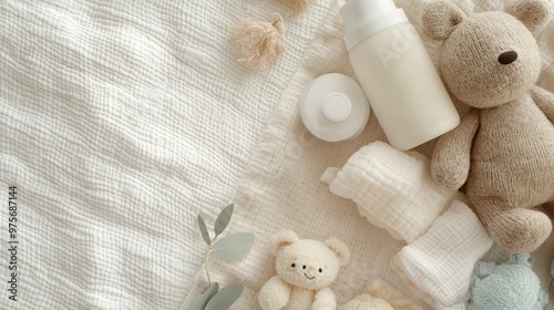 Organic baby essentials in eco-friendly packaging, beautifully displayed on a soft cotton blanket, accompanied by pastel-colored toys, with ample space for personalized text.