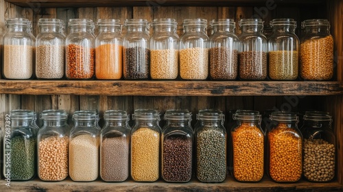 Eco-Friendly Store Display, a vibrant shelf stocked with organic grains and pulses in glass jars, promoting sustainable living and zero-waste practices for conscious consumers. photo