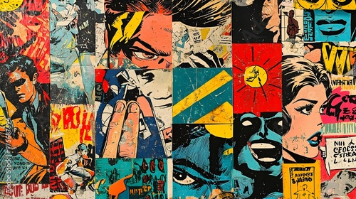Vibrant Pop Art Comic Collage with Stylized Superhero Faces and Symbols
