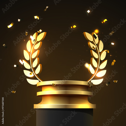 Award round podium with laurel wreath on dark background. Vector golden symbol of victory, achievement, success, rewarding of winner.