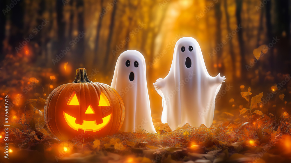 Halloween greeting card. Two ghosts and a pumpkin Halloween greeting card. Two ghosts and a pumpkin