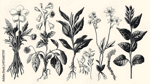 Vintage Botanical of Diverse Wild Flowers and Herbs
