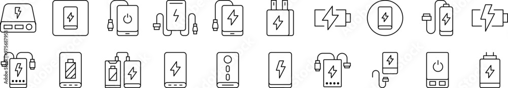 Bundle of Line Icons of Energy, Charger, Battery. Editable Stroke. Minimalistic Linear Pictogram for Design of Cards, Apps, Banners, Posts Bundle of Line Icons of Energy, Charger, Battery. Editable Stroke. Minimalistic Linear Pictogram for Design of Cards, Apps, Banners, Posts