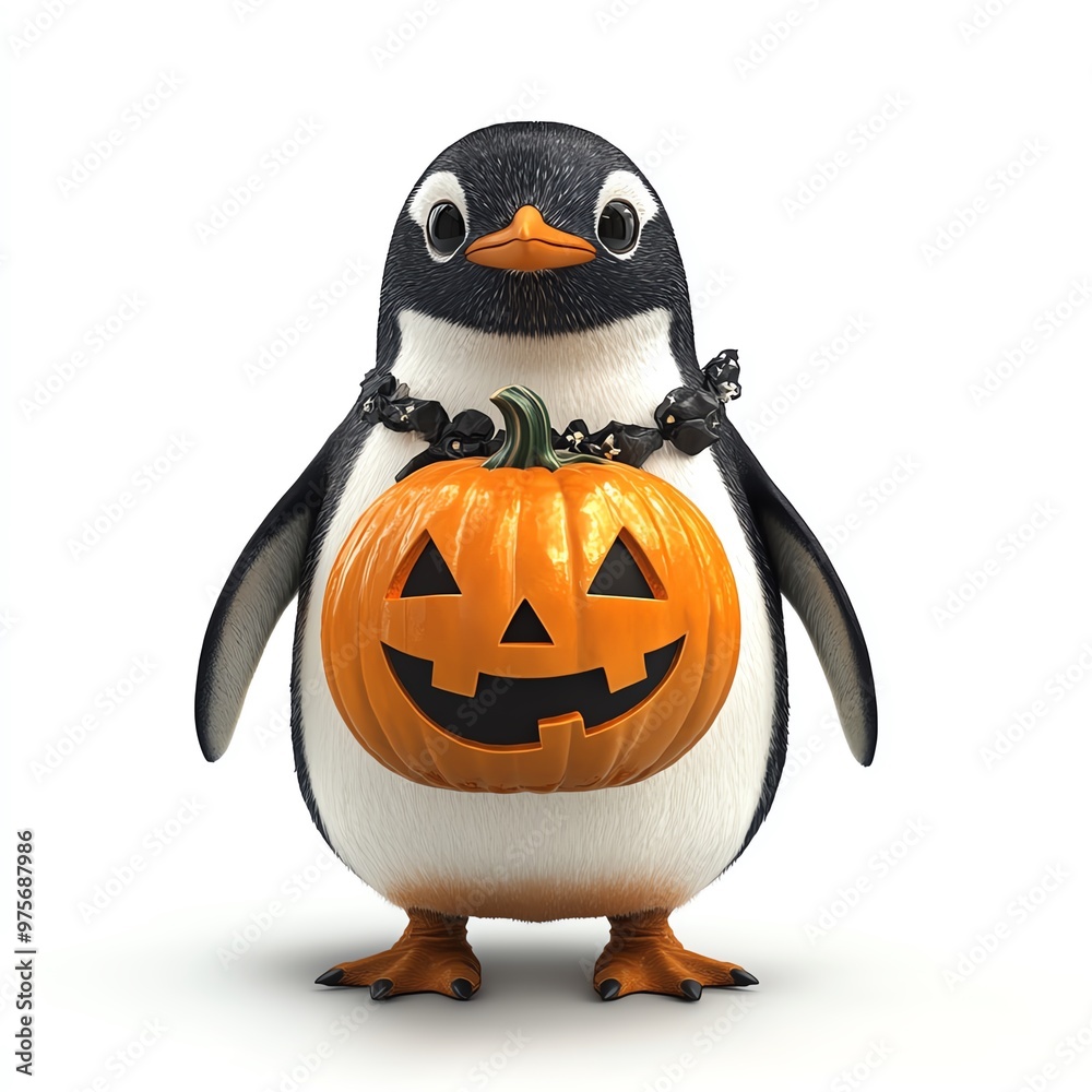 Obraz premium A Halloween penguin wearing a jack-o'-lantern costume, festive and spooky, isolated on white background