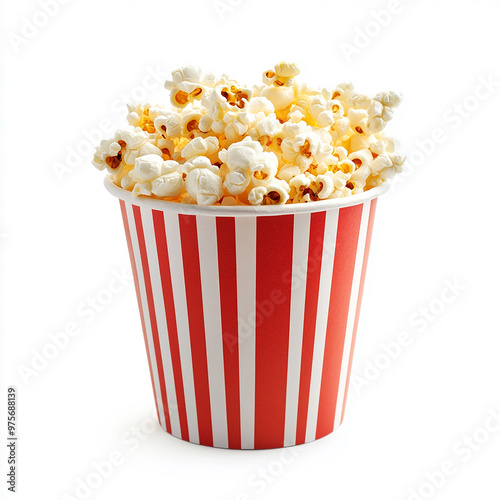 Delicious fresh popcorn out of a red-white striped paper cup, cut out isolated on white background. 
