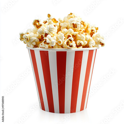 Delicious fresh popcorn out of a red-white striped paper cup, cut out isolated on white background. 