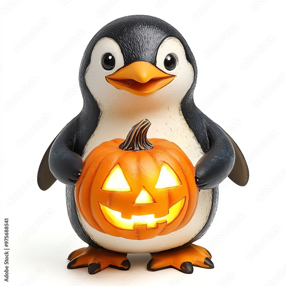 Obraz premium A penguin holding a glowing jack-o'-lantern, Halloween theme, festive and cute, isolated on white background